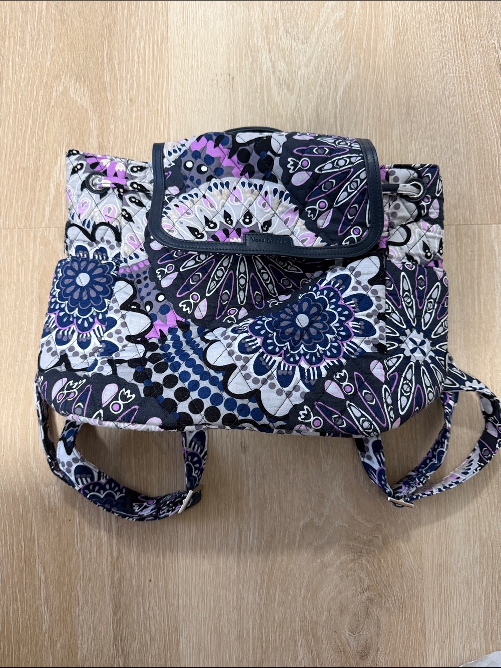 Vera Bradley Quilted Floral Backpack in Purple, Navy & White